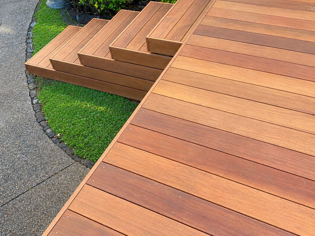 Kwila 140 x 19 mm deck extension and 2 x steps, Remuera , customer requested deck extension to existing blue and white decking and 2 sets of steps, customer planned to fit glass balustrades through seperate company after we finished 