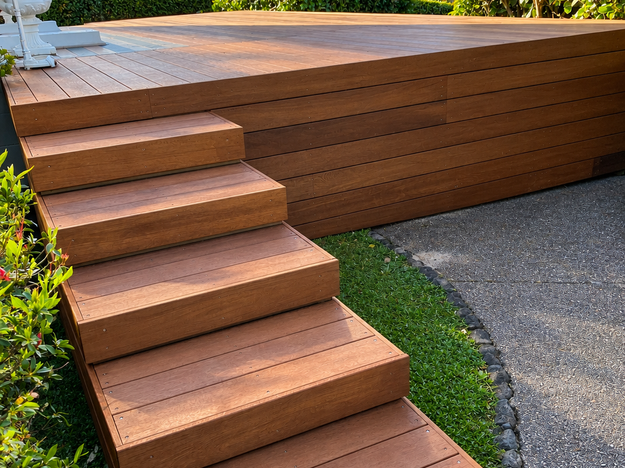 Kwila 140 x 19 mm deck extension and 2 x steps, Remuera , customer requested deck extension to existing blue and white decking and 2 sets of steps, customer planned to fit glass balustrades through seperate company after we finished 